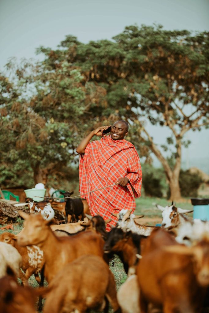 Smiling shepherd talks on phone in a goat pasture.